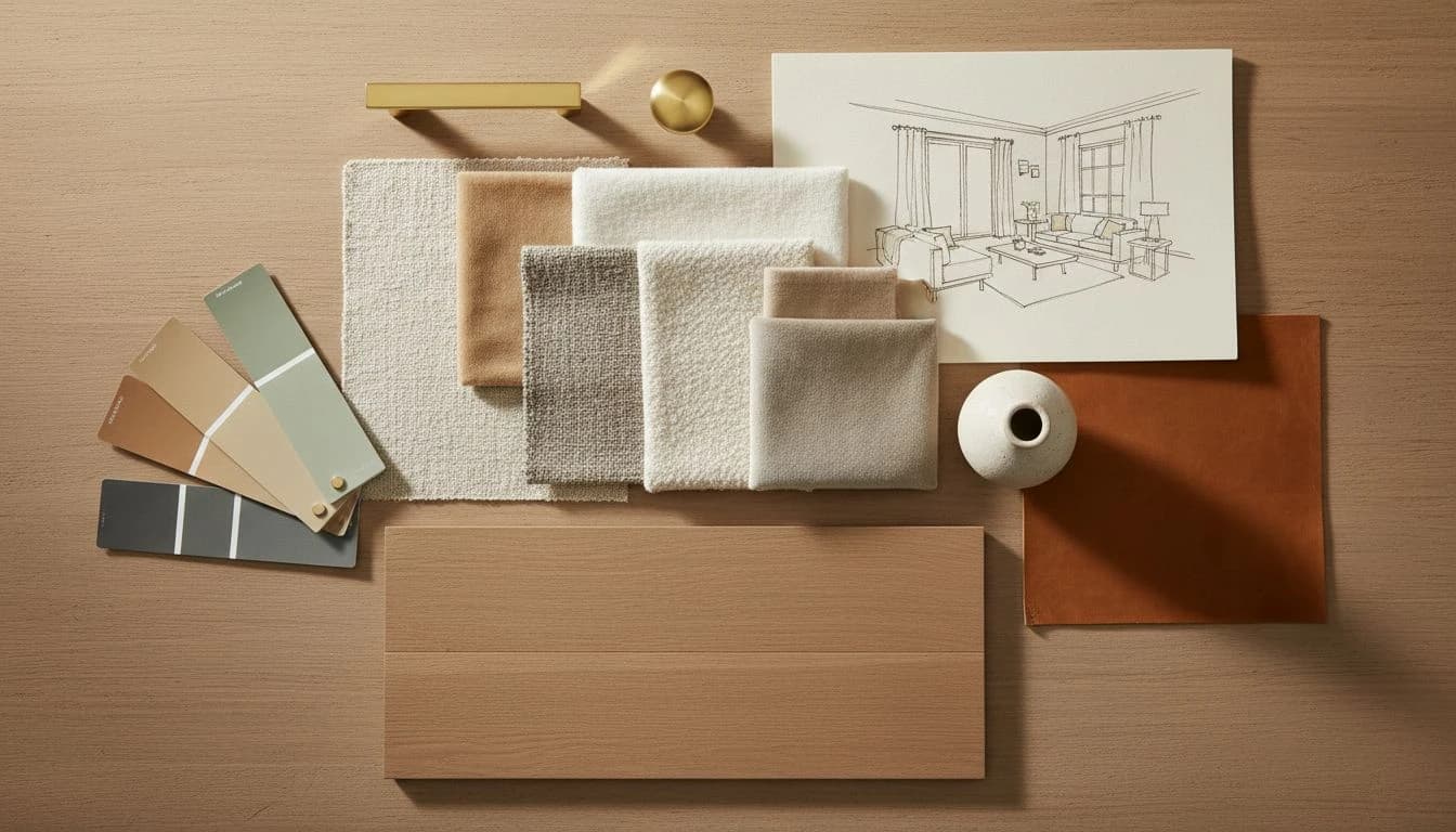 AI mood board creator composition with fabric swatches, paint samples, brass hardware, ceramic vase, and leather sample on wooden table