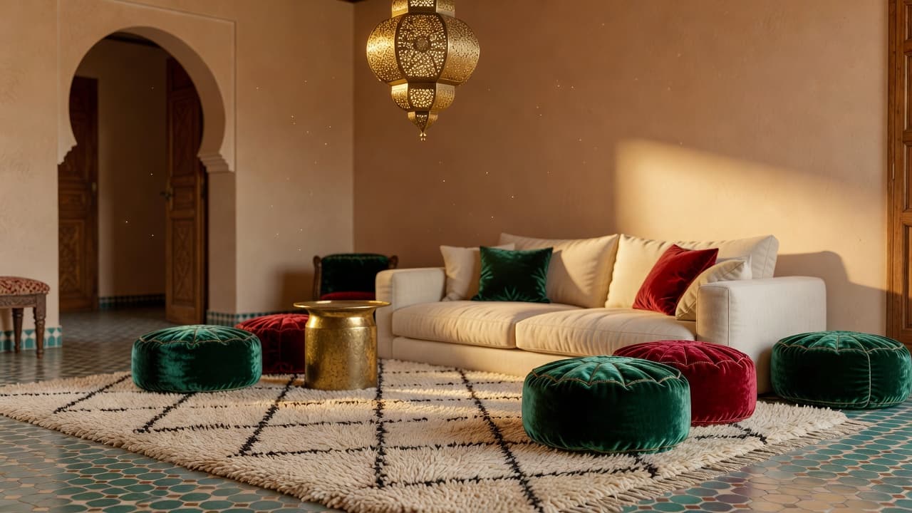 A photorealistic Moroccan-style living room with zellige tile flooring, brass lanterns, a layered Beni Ourain rug, jewel-toned floor poufs, and a carved wood arched doorway created with AI interior design