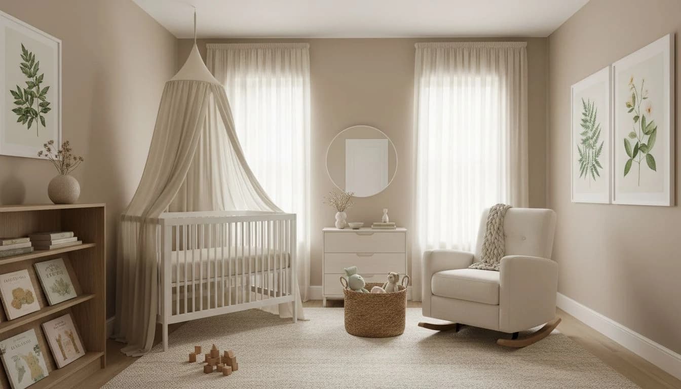 AI nursery design showing a calm neutral nursery with white crib, muslin canopy, cream glider, and warm morning light