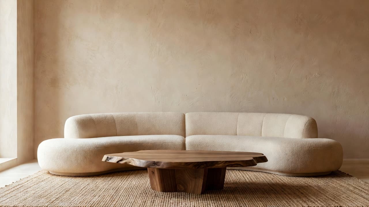 A photorealistic organic modern living room with a curved bouclé sofa, a live-edge wood coffee table, plaster-textured walls, and soft natural light created with AI interior design