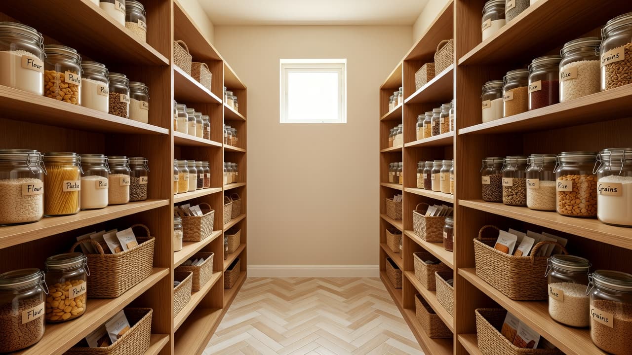 Una despensa walk-in fotorrealista con estanterías abiertas de madera cálida, tarros de vidrio etiquetados, cestas tejidas y luz natural, diseñada con diseño de despensa con IA