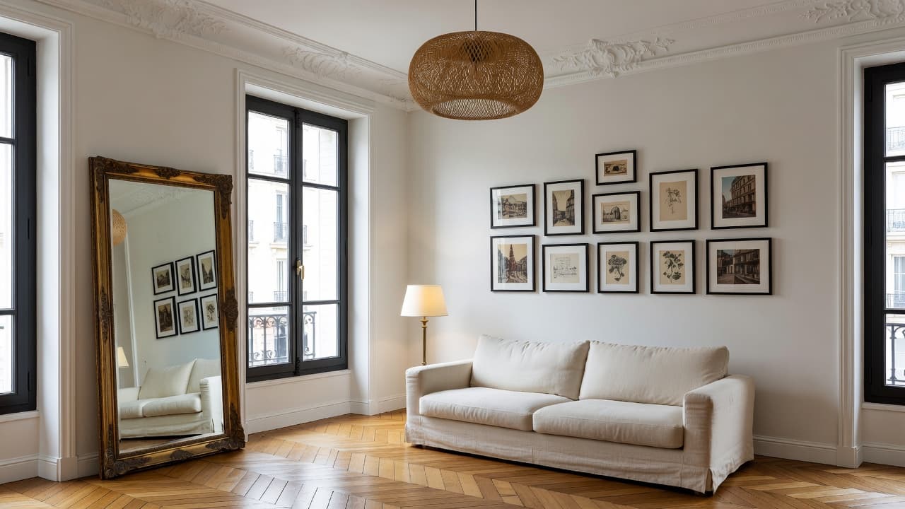 Un salon parisien photoréaliste avec un parquet en point de Hongrie, des moulures de plâtre ornées, un miroir en laiton ancien, des fenêtres à cadres noirs et un mélange de mobilier ancien et moderne créé avec le design d'intérieur par IA