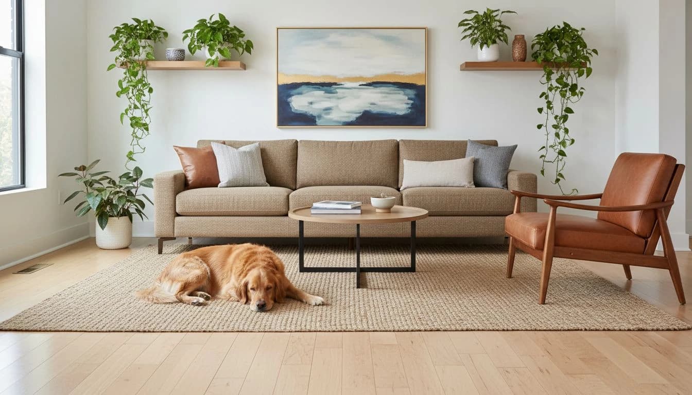 AI pet-friendly interior design with a stylish modern living room, performance fabric sofa, jute rug, and pet-safe layout