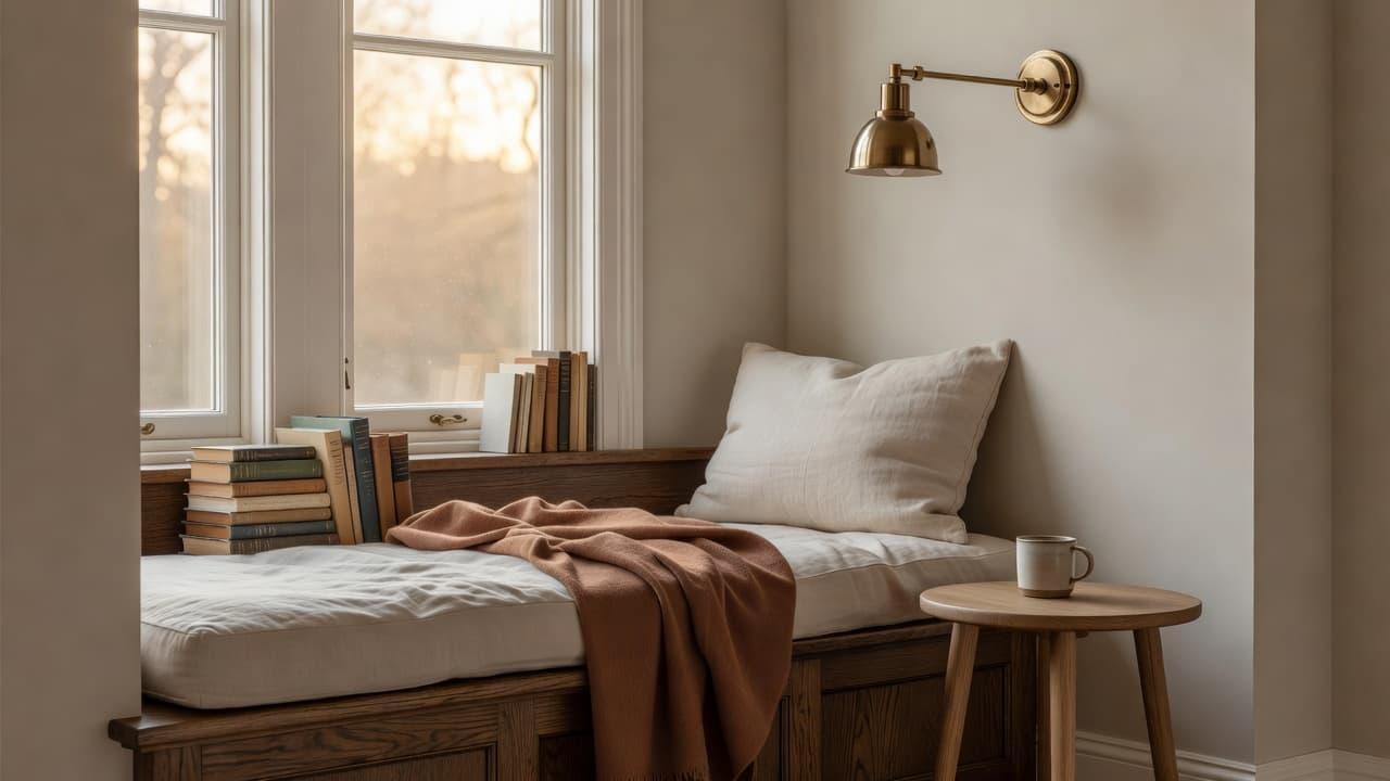 A bay window seat with a cream cushion, a rust-colored throw, a stack of books, a small round oak side table with a mug and a brass wall lamp