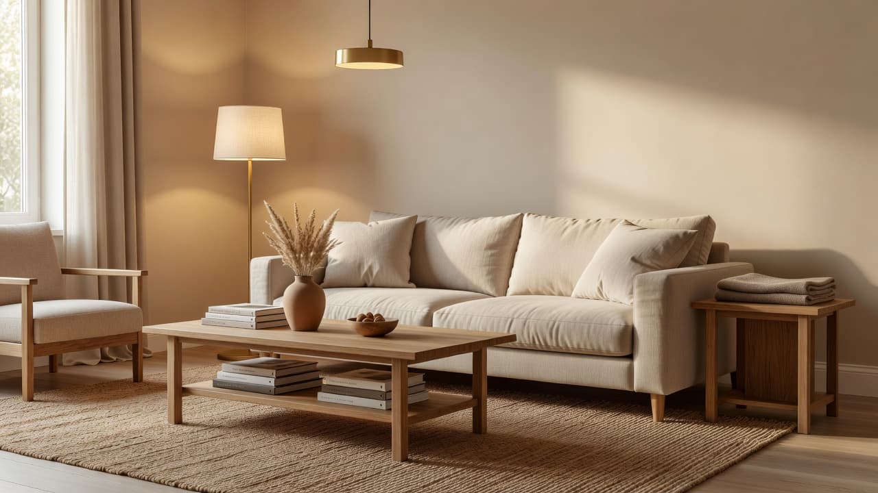 Un salon rénové photoréaliste avec une palette neutre cohérente, un éclairage superposé et un mobilier assorti, le type de résultat que vise le plan d'action d'un Rapport de Design DecorAI
