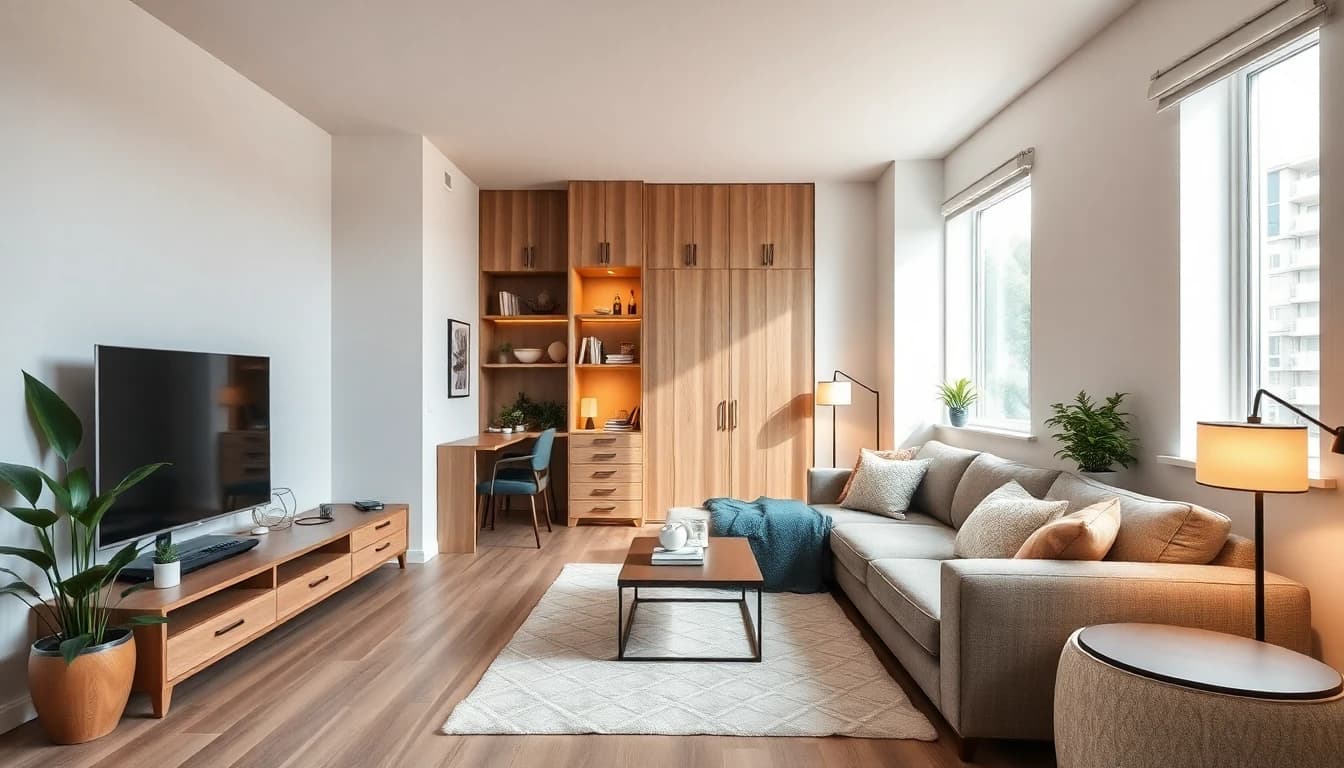 AI room layout planner for small spaces showing optimized studio apartment zoning and furniture flow