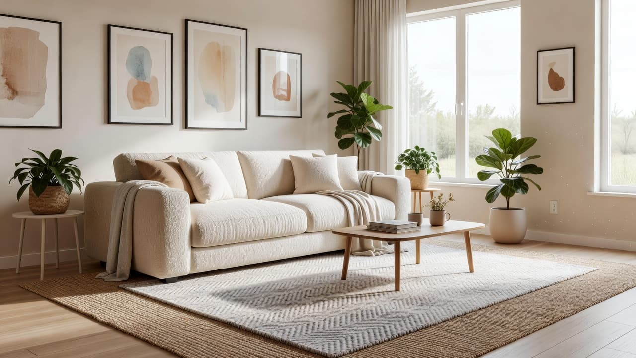 Uma sala de estar fotorrealista após um makeover de cômodo com IA, com um sofá de bouclê, paleta neutra e quente, tapetes sobrepostos, plantas e luz natural suave