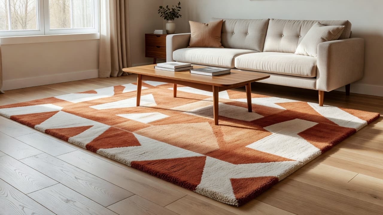 Ein helles, fotorealistisches Wohnzimmer mit einem großen terrakotta-cremefarbenen geometrischen Teppich unter einem Midcentury-Sofa und Couchtisch, vorab visualisiert mit einer KI-Teppich-Visualisierer-App