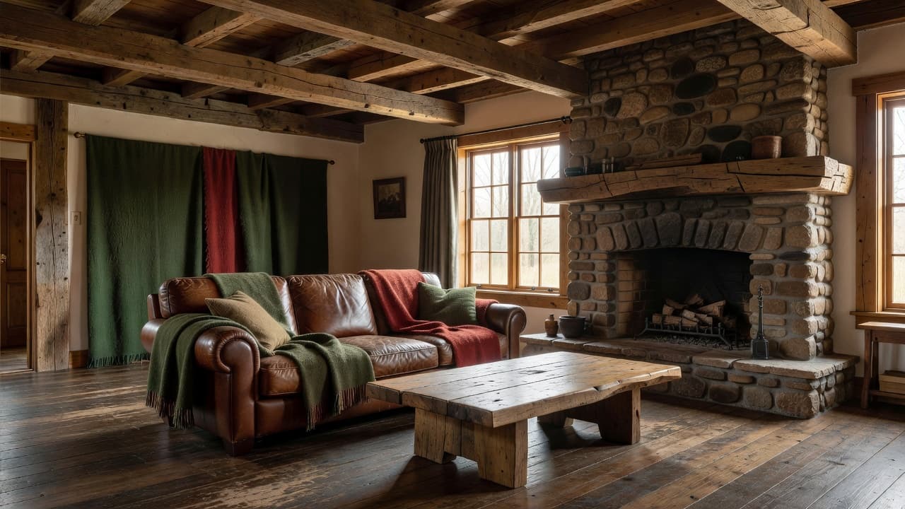 A photorealistic rustic living room with exposed reclaimed timber beams, a river-stone fireplace, a worn leather sofa, and wool throws created with AI interior design