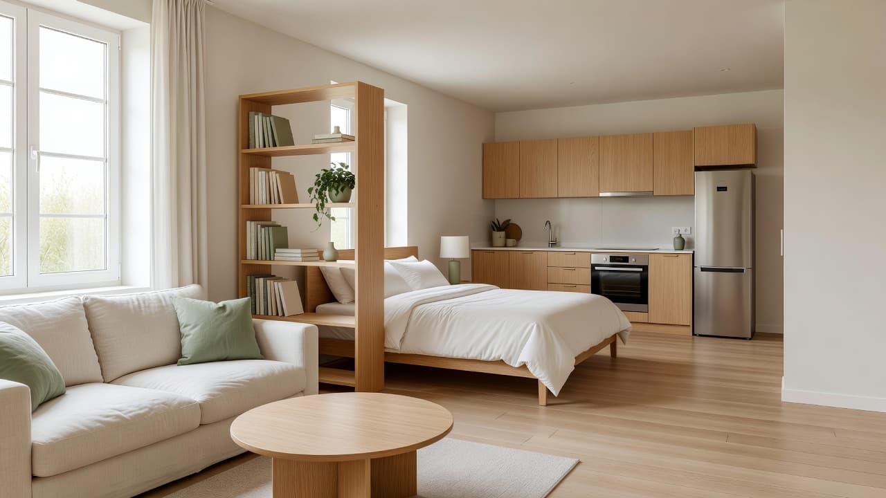 A bright studio apartment with a linen sofa, an oak bookshelf dividing the bed from the living area, a compact kitchenette and light oak flooring, designed with AI