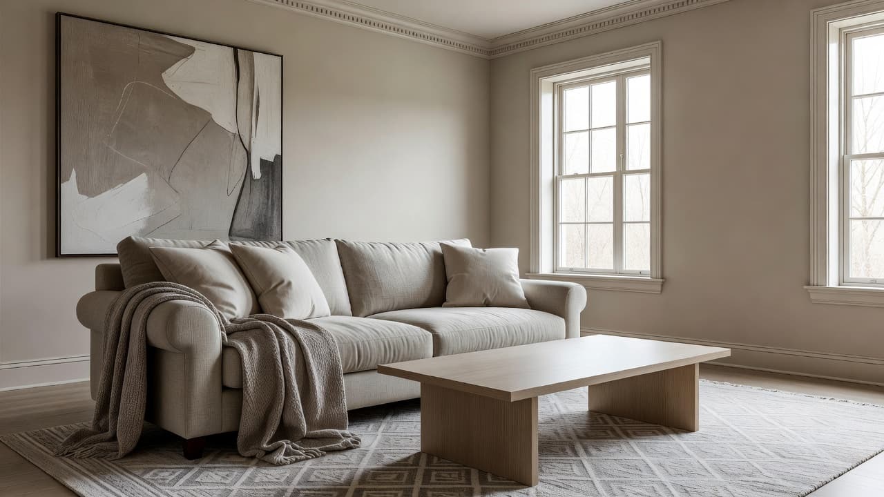 A photorealistic transitional living room with a rolled-arm linen sofa, clean-lined wood coffee table, layered neutral textures, and soft natural light, created with AI interior design