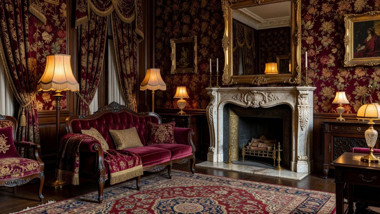 A photorealistic Victorian living room with dark carved wood furniture, jewel-toned floral wallpaper, a marble fireplace, and layered patterned textiles created with AI interior design