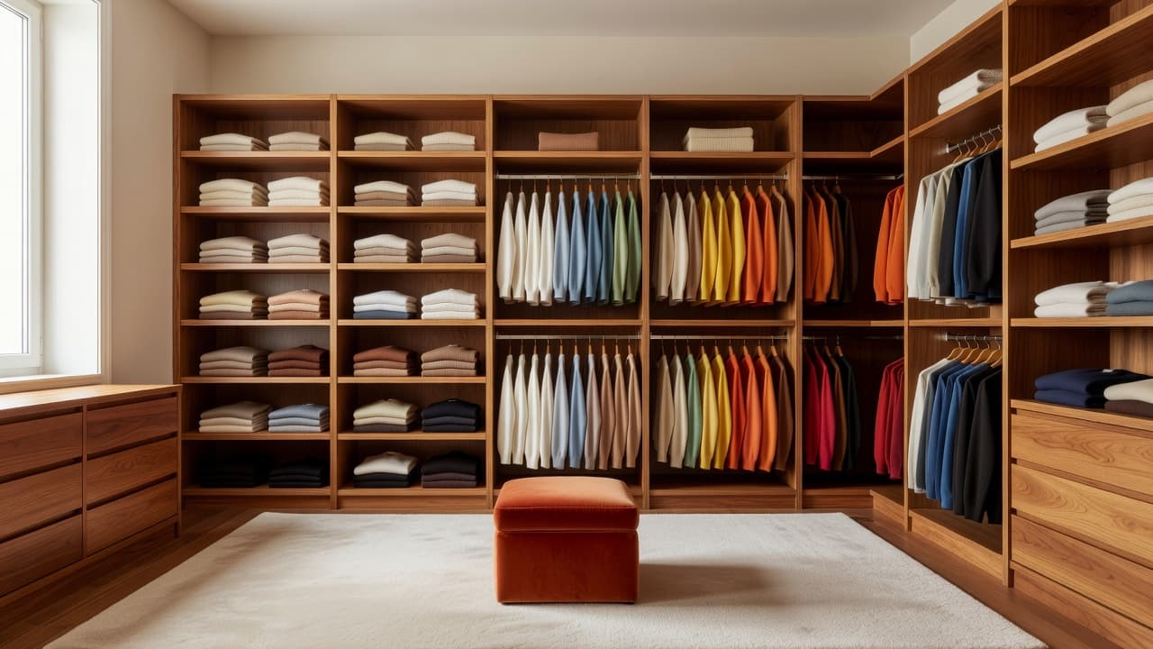 Um closet luminoso e organizado com prateleiras abertas em madeira quente, roupa dobrada organizada por cor e um pufe estofado em terracota, desenhado com IA