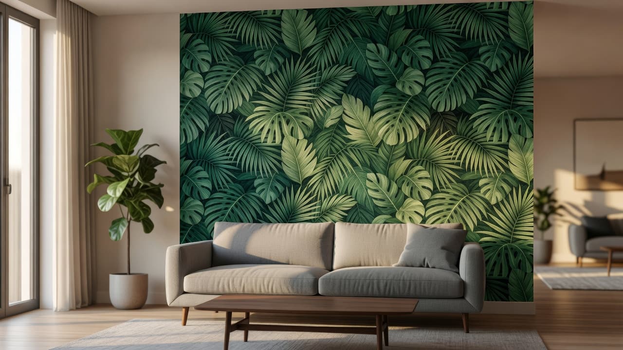 Ein fotorealistisches modernes Wohnzimmer mit einer botanischen Blätter-Tapete als Akzentwand hinter einem Mid-Century-Sofa, erstellt mit einer KI-Tapeten-Visualisierer-App