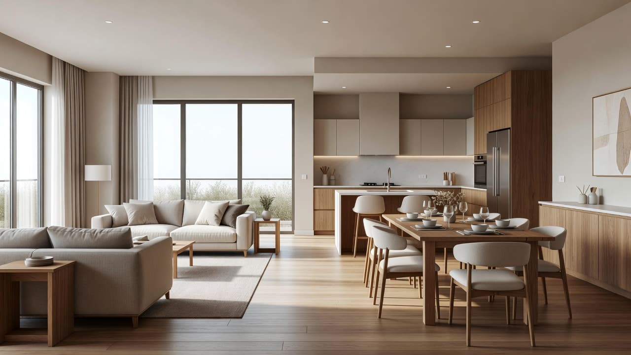 Uma casa de planta aberta fotorrealista com a sala fluindo para a área de jantar e a cozinha em uma paleta neutra e quente coesa, criada com design de casa inteira com IA