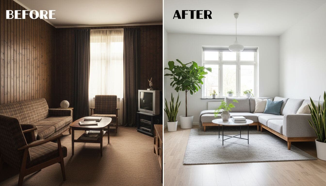 Sebelum dan sesudah transformasi desain interior AI pada ruang tamu, kamar tidur, dan dapur