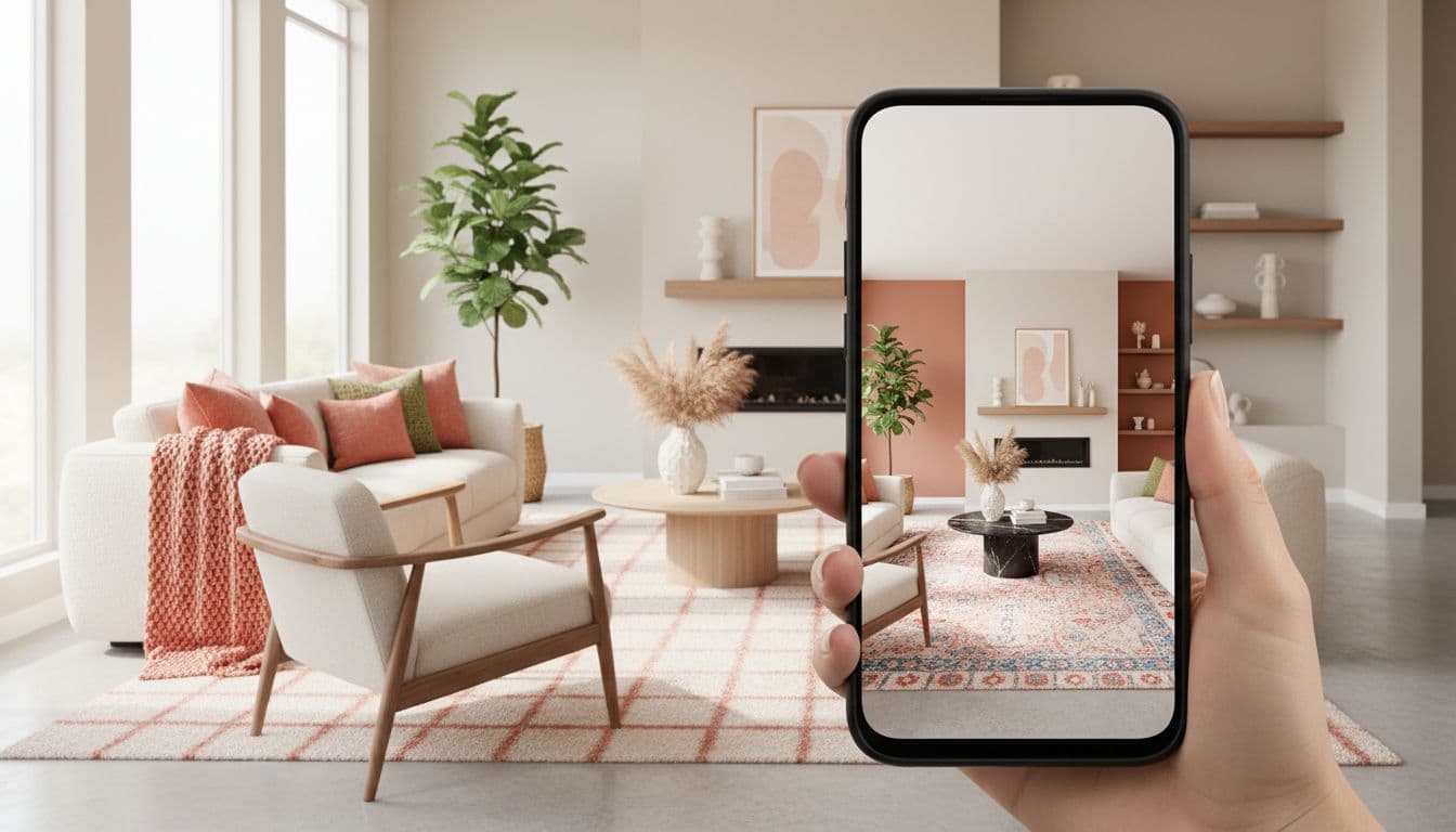 An Android phone held up in a bright living room, camera pointed at the space, showing an AI-generated redesign of the room on screen