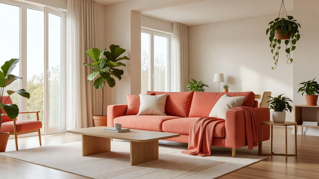 Photorealistic modern living room redesigned by the best AI interior design app, showing warm coral and cream decor