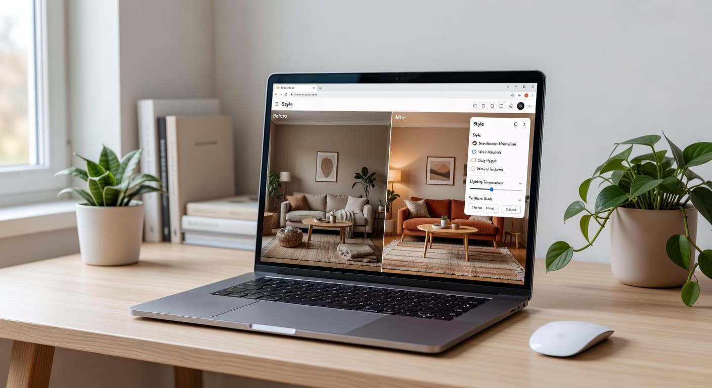 Laptop on a bright desk showing a browser-based AI interior design website redesigning a living room with a style menu