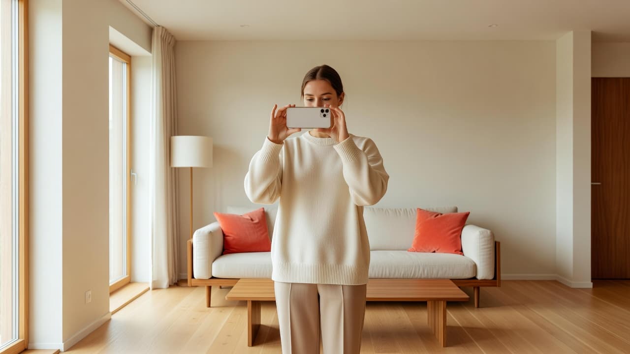 A woman scanning her bright modern living room in 3D with an iPhone, the way a LiDAR room scanner app captures walls and furniture