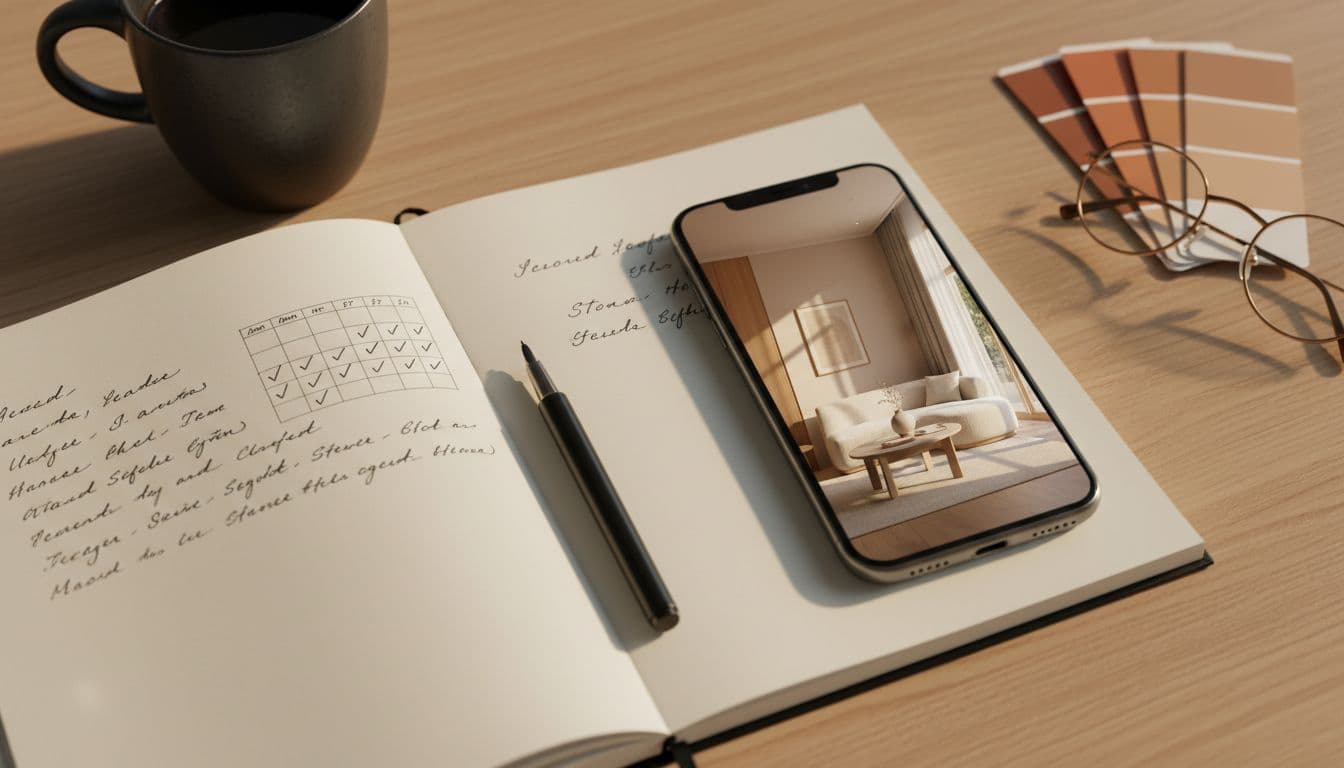 30-day AI interior design experiment — notebook and smartphone showing AI-generated room redesign