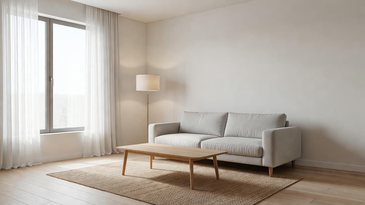 Ruang tamu terang dengan staging netral berisi sofa abu-abu muda, meja kopi kayu oak, dan karpet rami, bergaya foto listing properti