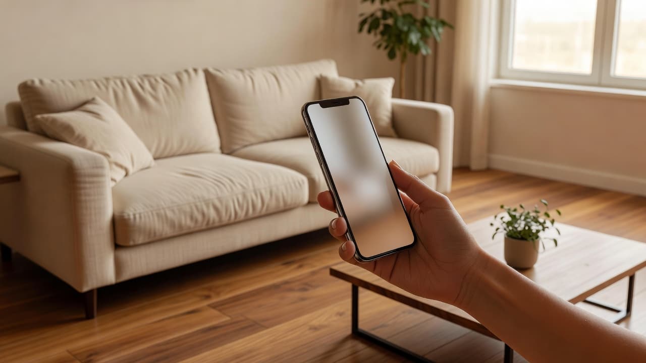スマホを掲げて、明るくフォトリアルなリビングルームを撮影し、AIインテリアデザインアプリに送ろうとしている人物