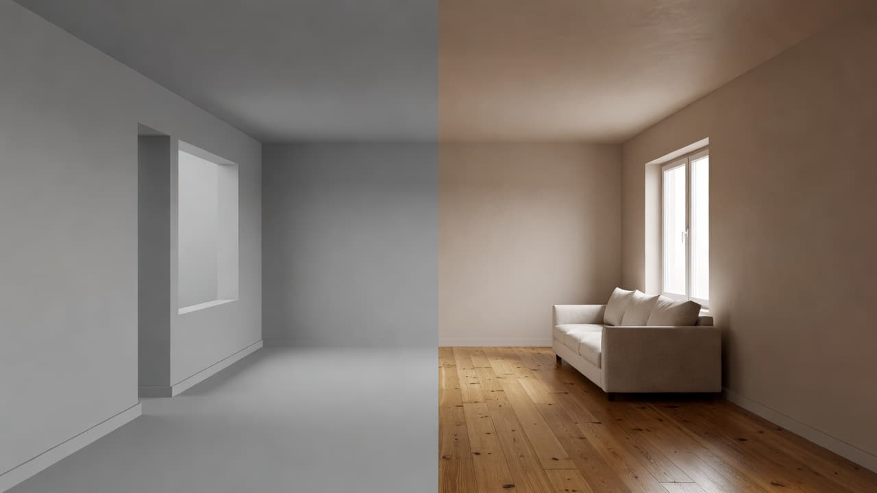 The same room shown twice — as a plain grey 3D architectural model on the left and as a warm photorealistic finished interior on the right — illustrating a DecorAI vs Planner 5D comparison