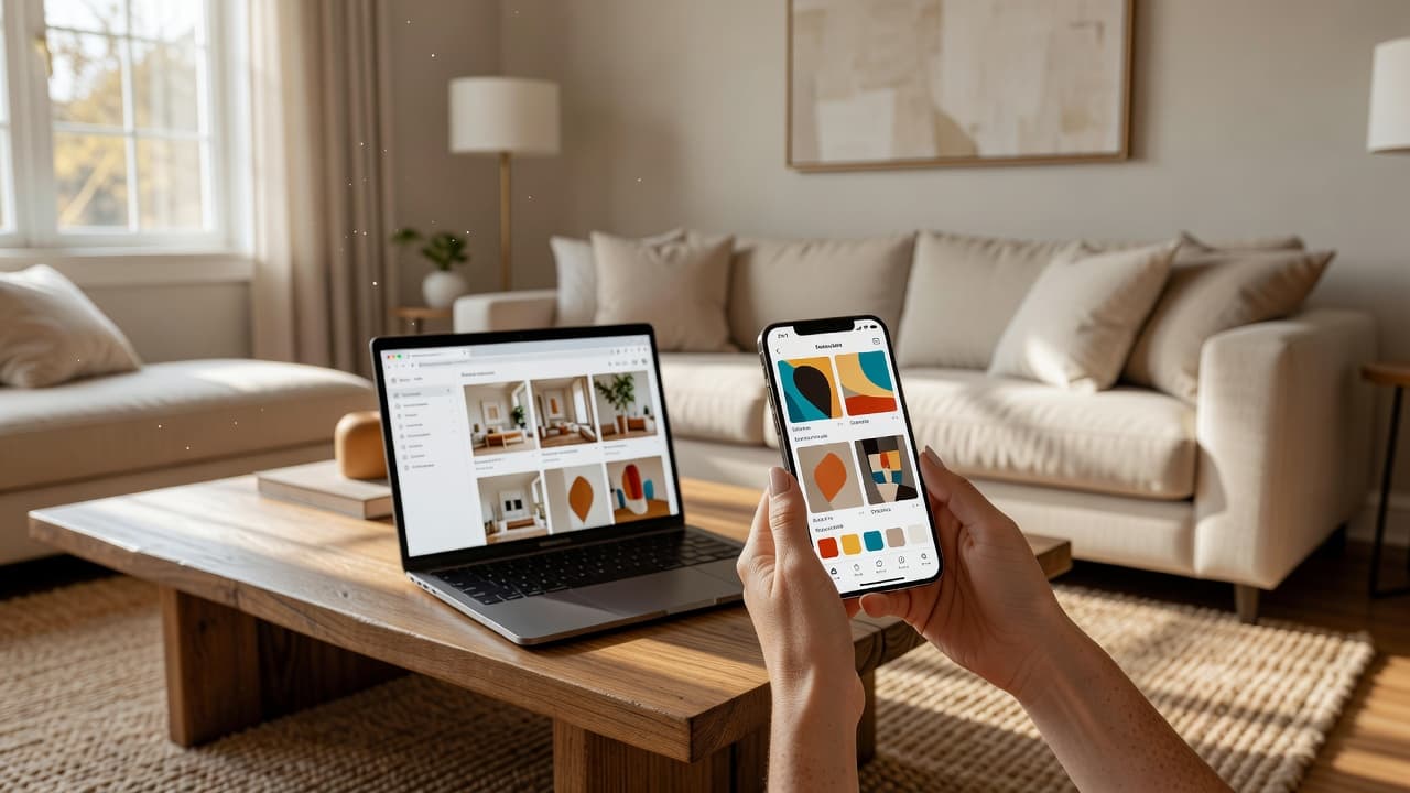 Une personne tenant un téléphone affichant une application de réaménagement de pièce, à côté d'un ordinateur portable ouvert montrant le même design dans un navigateur, sur une table dans un salon lumineux