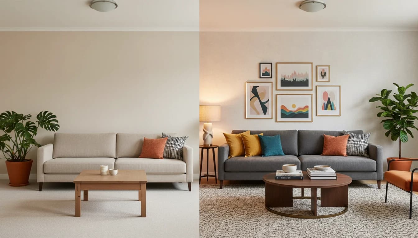 Free AI home decorating app transforming plain room into beautifully styled modern living space