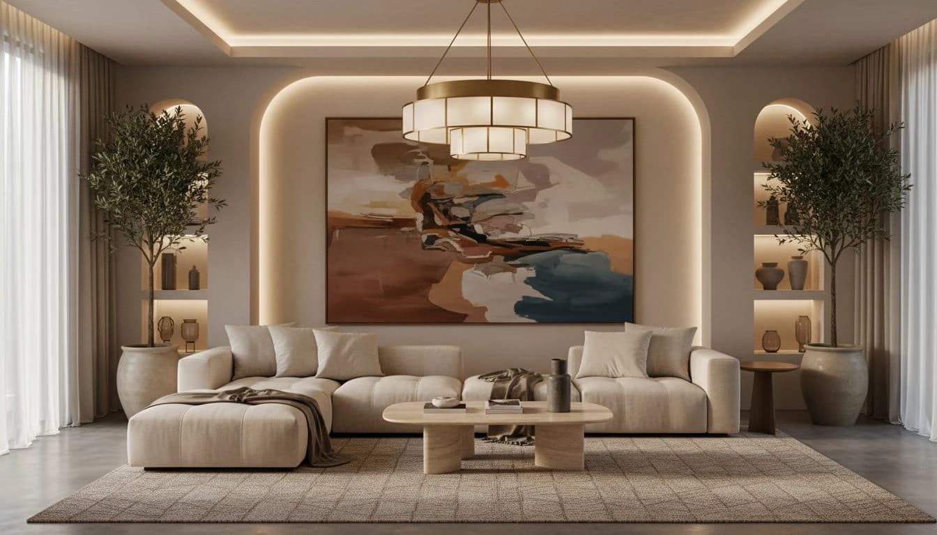 AI interior design dedicated app showing a stunning photorealistic living room with sculptural furniture and layered lighting