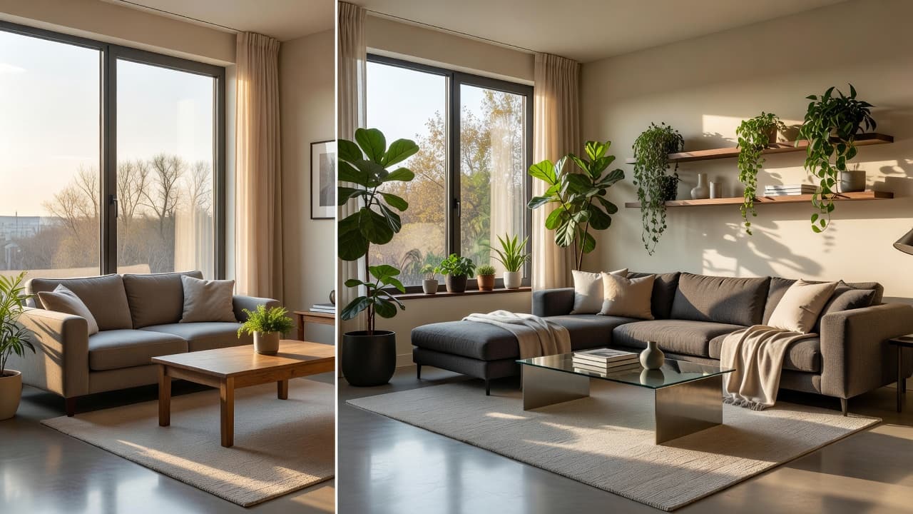 A photorealistic sunlit living room redesigned by AI interior design with accurate proportions, a sofa, coffee table, and large window