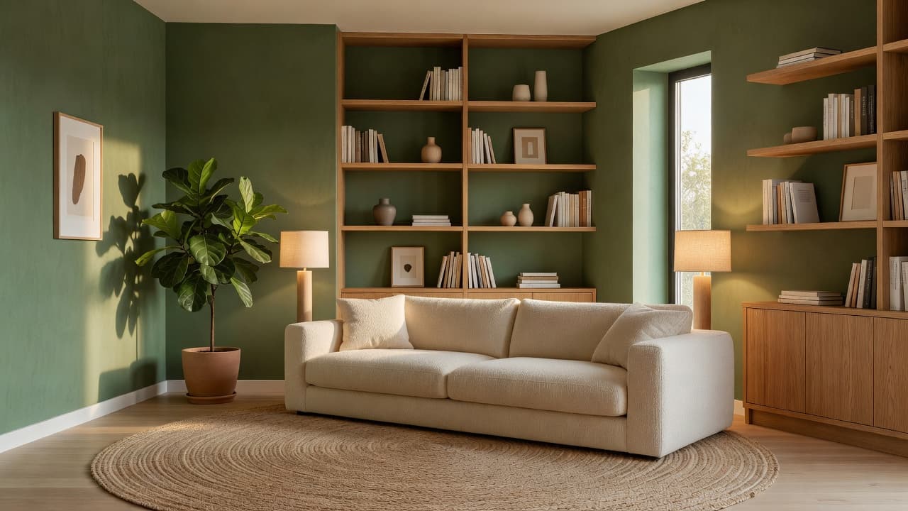 Uma sala fotorrealista com uma parede de destaque em verde-sálvia, estantes embutidas em carvalho, um sofá em bouclé cor de creme, um tapete redondo em juta e uma planta grande, redesenhada com IA