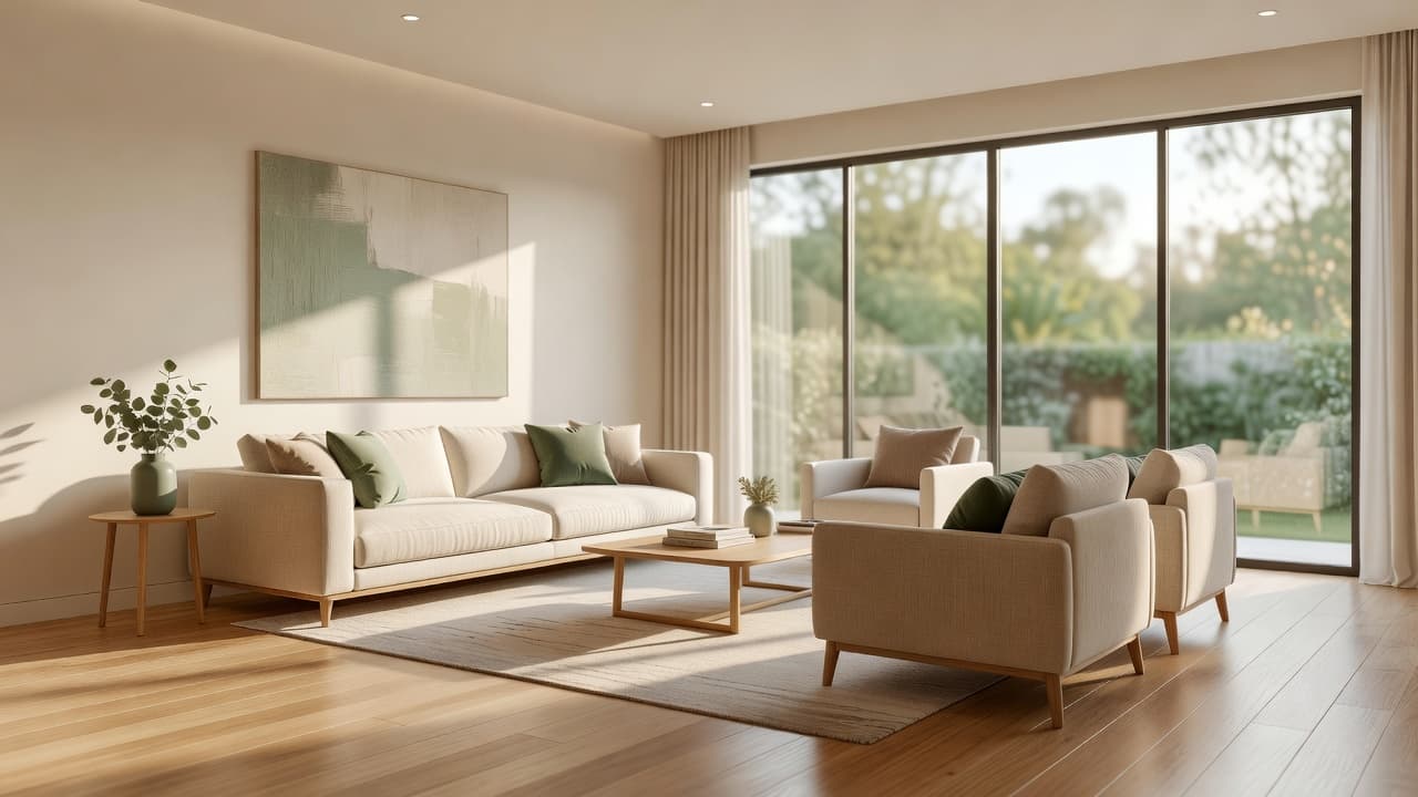 A real living room photo being transformed into a photorealistic redesign, illustrating how AI interior design works
