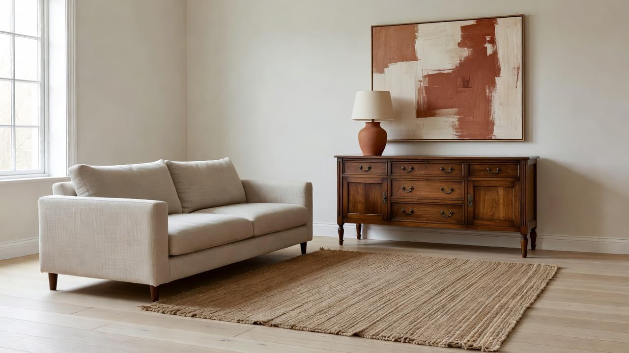 Un salon qui allie deux goûts : un canapé épuré en lin avoine à côté d'un buffet vintage en noyer, une lampe terracotta et un tableau abstrait argile sourd sur un tapis en jute