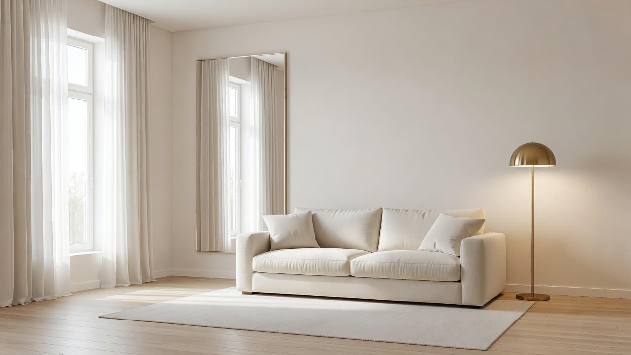 Een fotorealistische lichte woonkamer met warmwitte muren, vitrage, een hoge spiegel die een raam weerspiegelt, een crèmekleurige bank en een messing vloerlamp, opnieuw ontworpen met AI