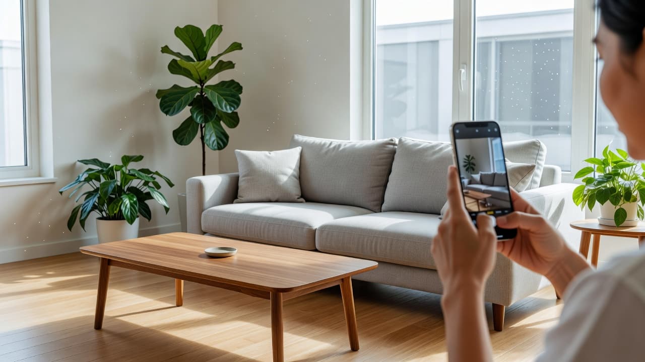 A person photographing a bright, tidy modern living room with a smartphone in landscape orientation to get the best photo for AI interior design