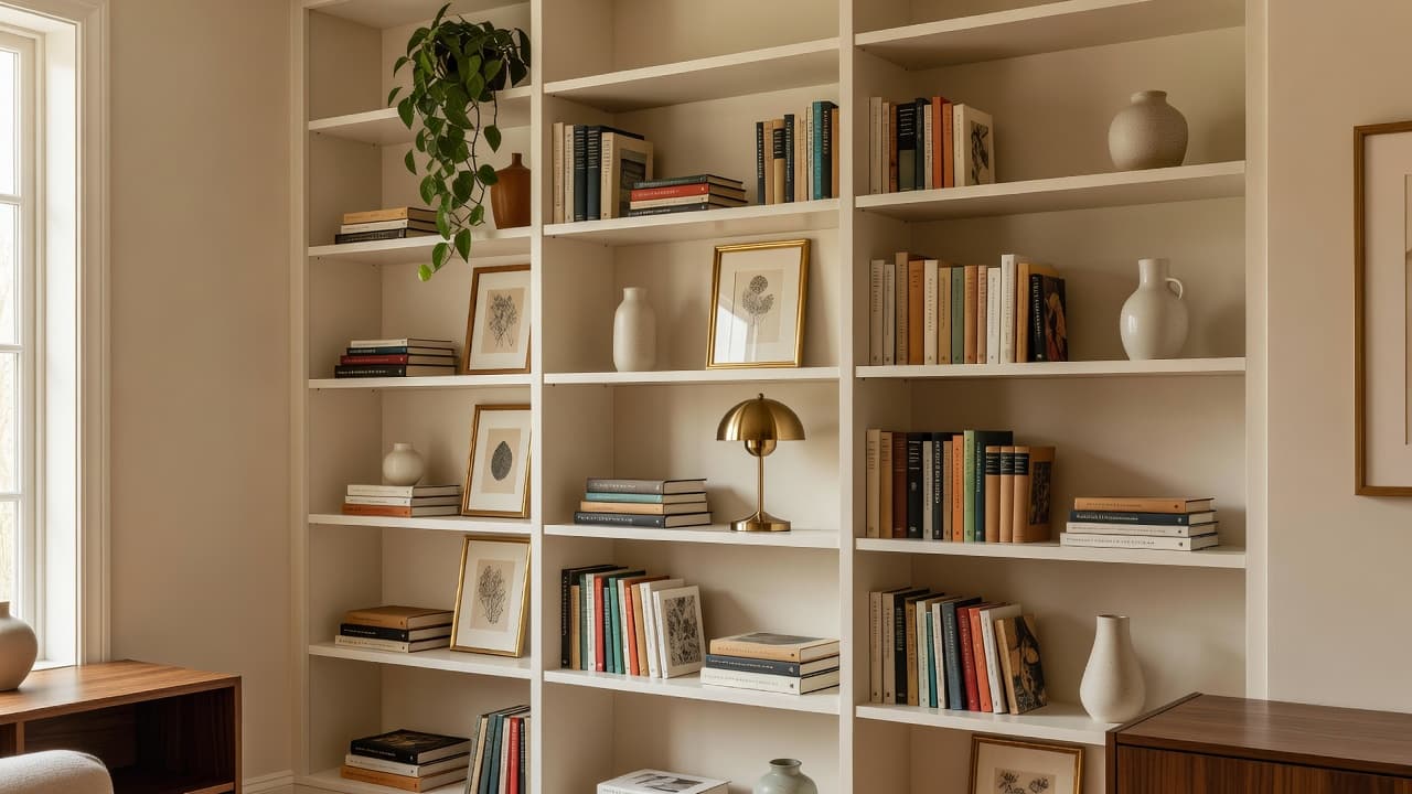 Uma estante embutida branca decorada com livros empilhados e em pé, vasos de cerâmica, gravuras botânicas emolduradas, um candeeiro em latão e uma planta pendente, criada com IA