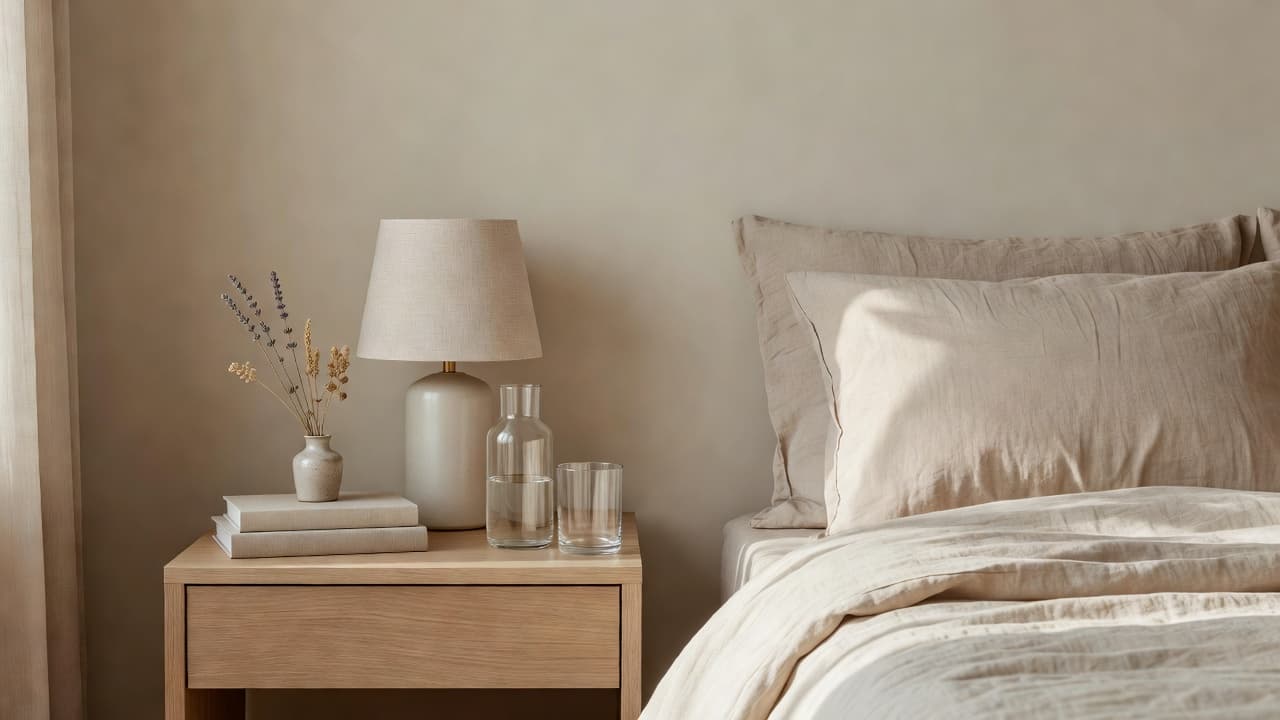 Et nattbord i lys eik ved siden av en seng med havregrønt lin-sengetøy, stylet med en keramisk lampe, en liten stabel bøker, en glasskaraffel med glass og en liten vase med tørkede stilker