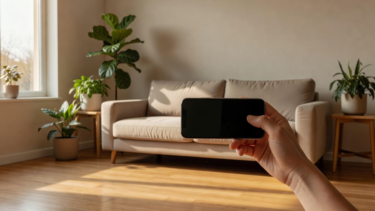 A person photographing their living room with a smartphone to upload to an AI interior design app, illustrating privacy and data safety in AI home design