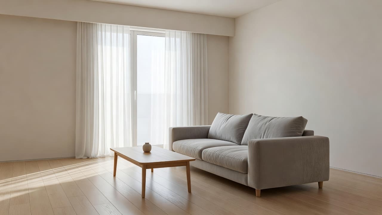 Un salon lumineux et neutre avec un canapé, une table basse et une grande fenêtre, utilisé comme pièce de référence « avant » pour une comparaison de dix styles de réaménagement par IA