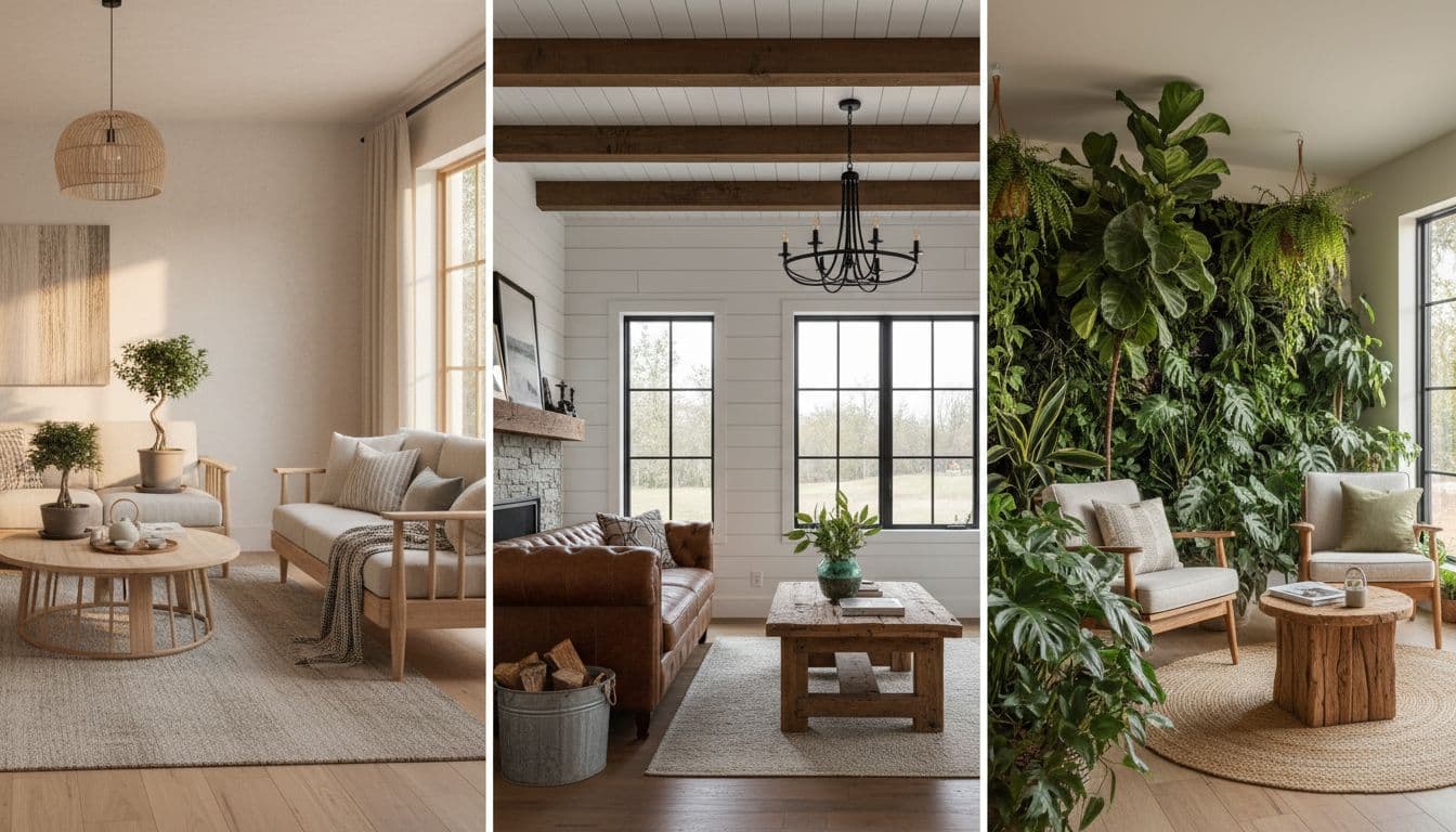 A collage-style photorealistic living room shown in several different popular interior design styles for 2026