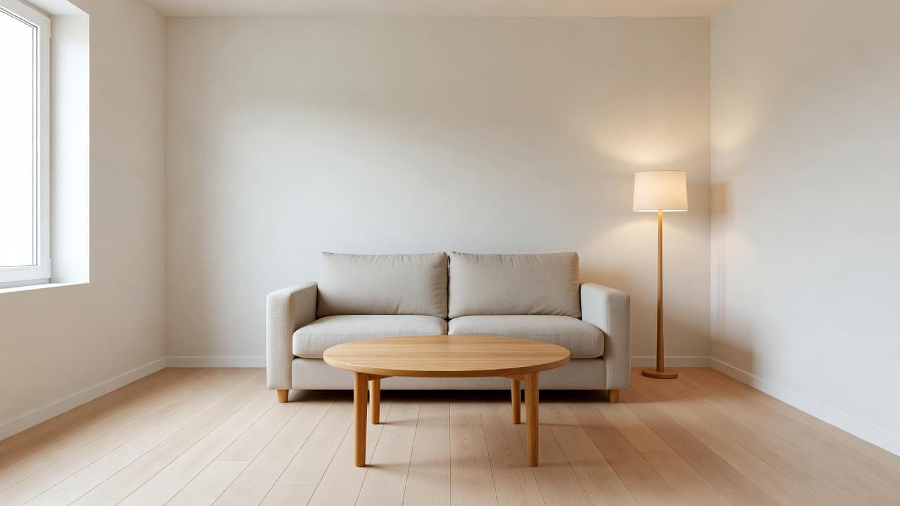 A bright empty-feeling living room with warm white walls, a pale oak plank floor, a greige linen sofa, a round wooden coffee table and a floor lamp by a window