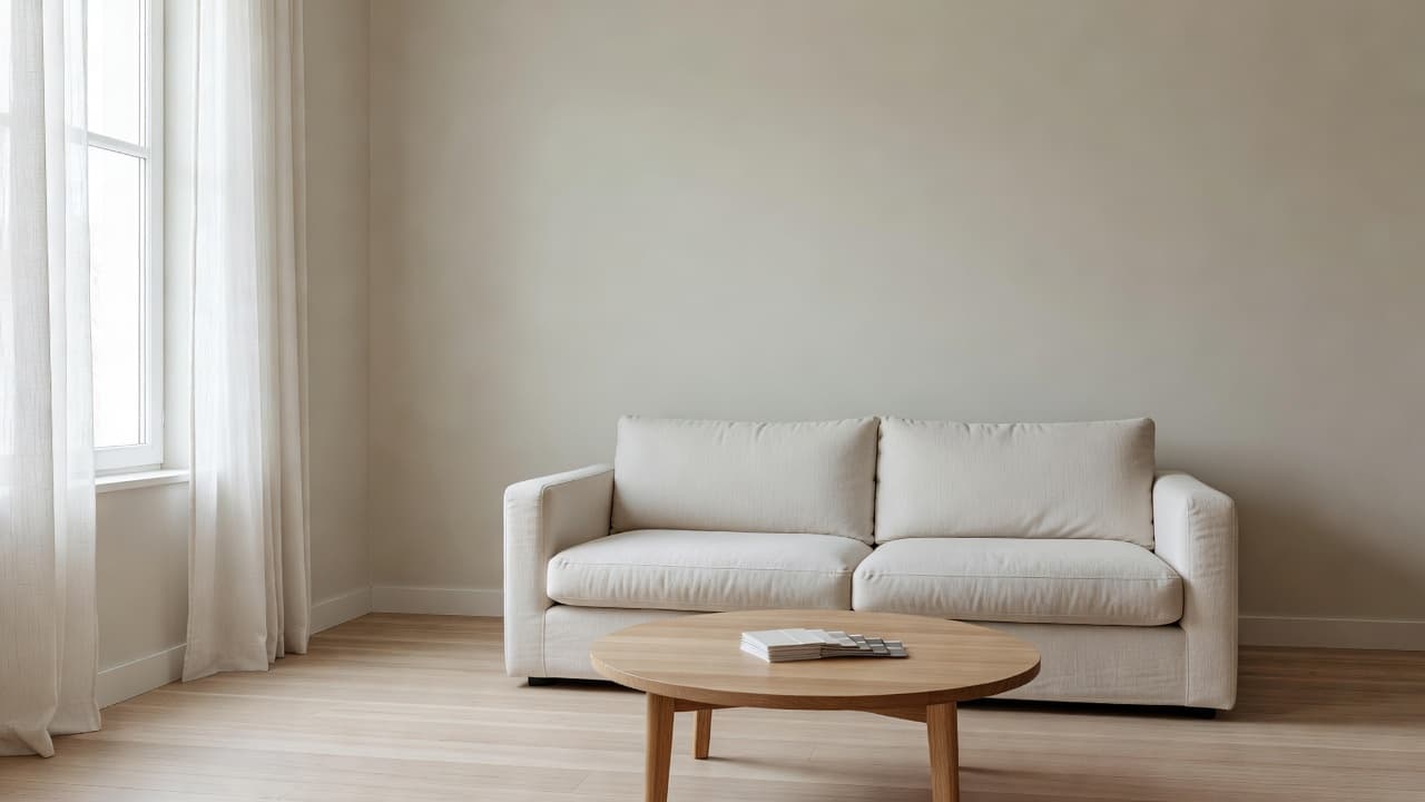 A calm living room with a linen sofa, round oak coffee table, paint swatch cards and sheer curtains on a light oak floor, ready for a redesign decision