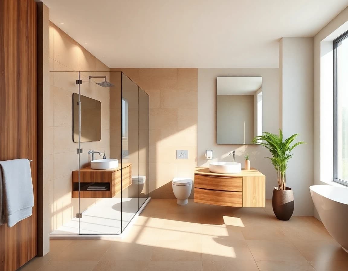 La même salle de bain relookée par l'IA avec une douche à l'italienne vitrée, une vasque suspendue et un carrelage chaleureux