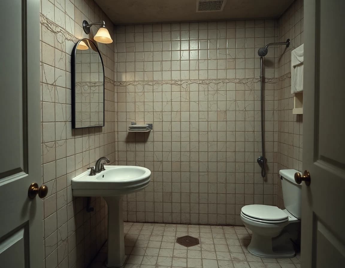 Une salle de bain démodée avec un ancien carrelage fissuré et une vasque usée, avant un relooking par IA