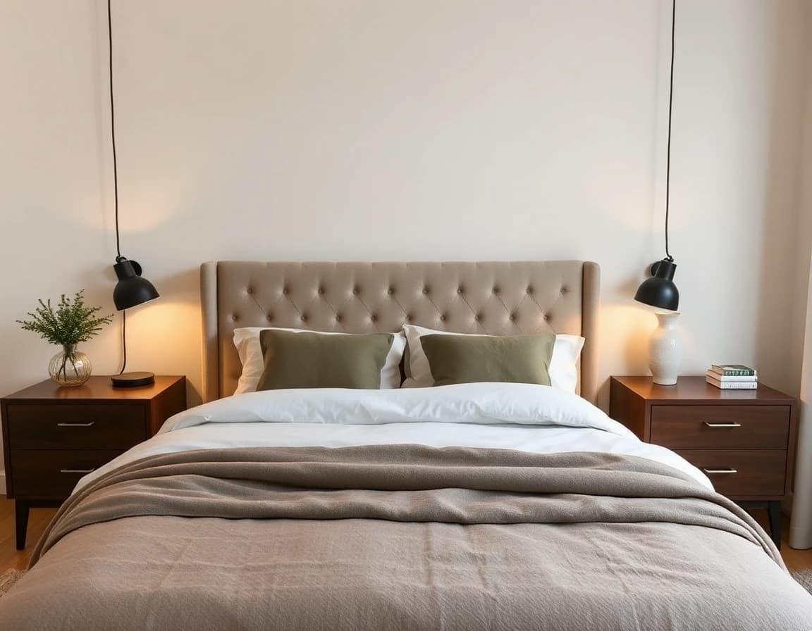 The same bedroom redesigned by AI into a cozy modern space with an upholstered headboard and warm lighting
