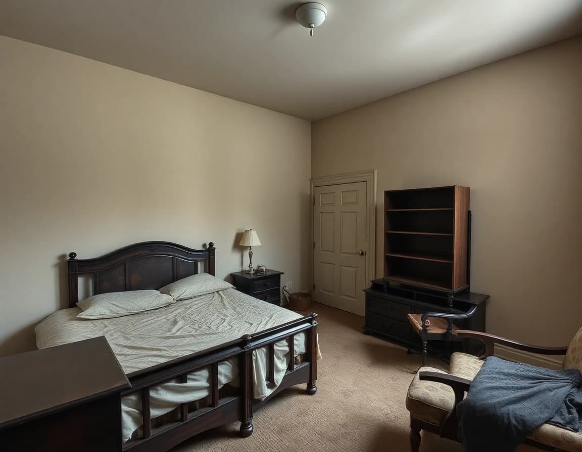 A plain outdated bedroom with bare walls and old furniture, before an AI bedroom redesign