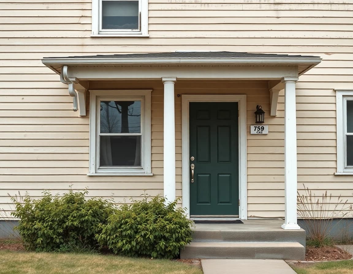 A fachada desatualizada de uma casa com pintura desbotada e uma porta de entrada antiga, antes de uma remodelação exterior com IA