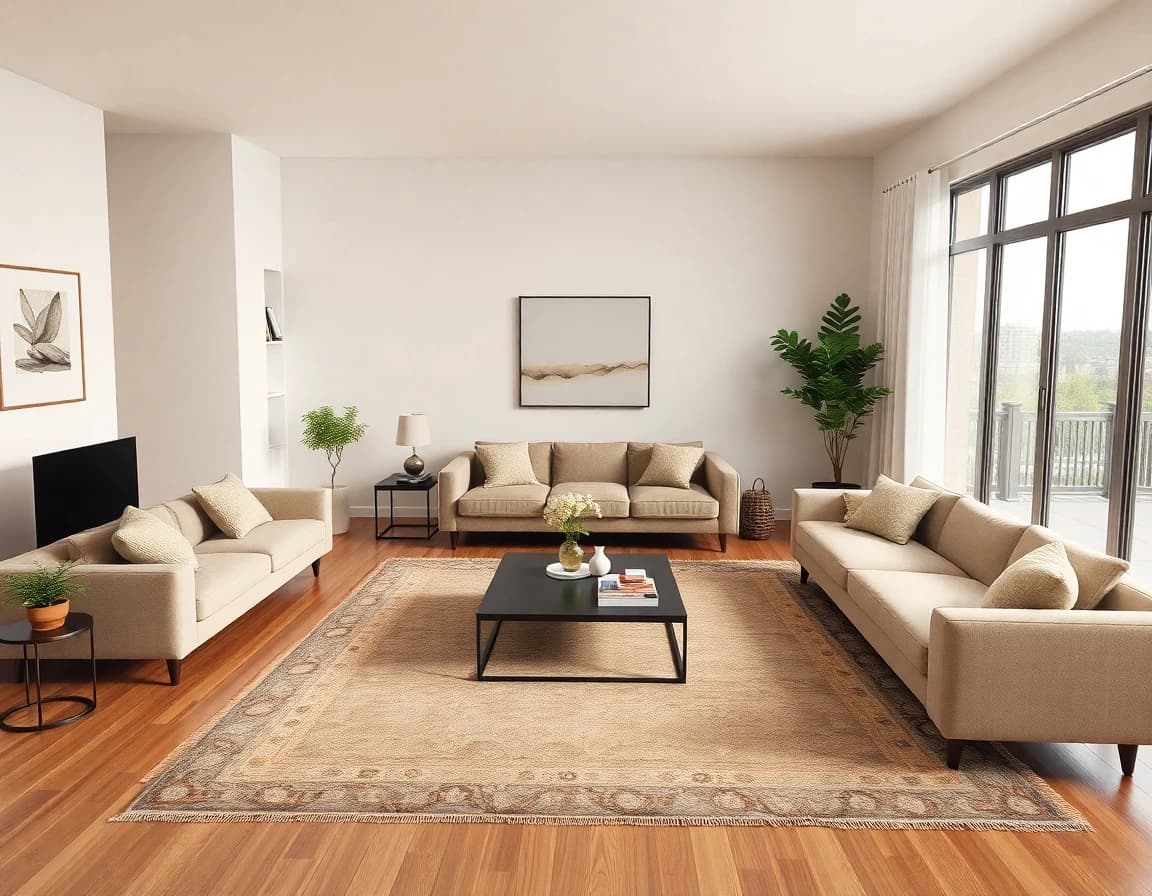 O mesmo ambiente mostrado com um layout de móveis totalmente gerado por IA — sofá, tapete e mesa de centro organizados